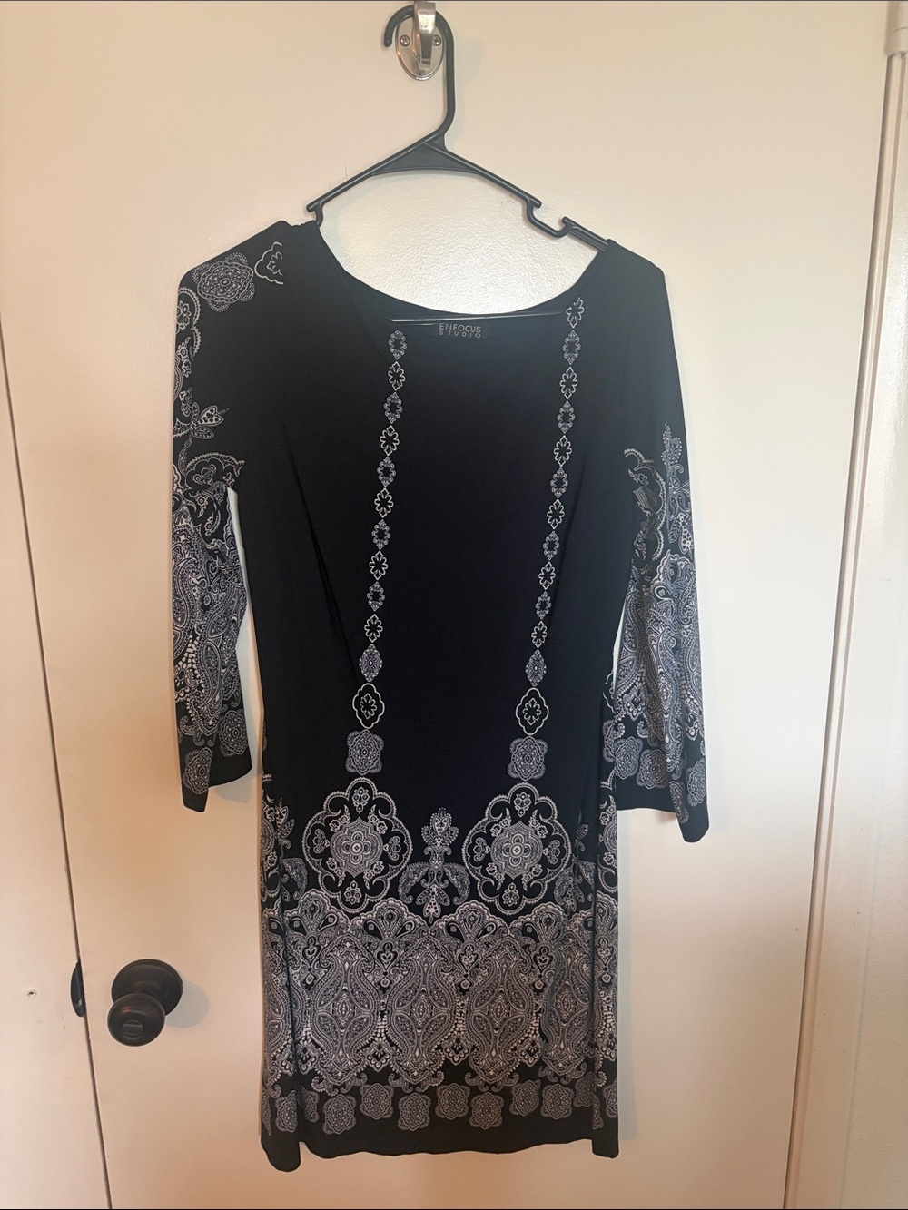 Enfocus Studio Black Dress with Gray Paisley Medallion Print